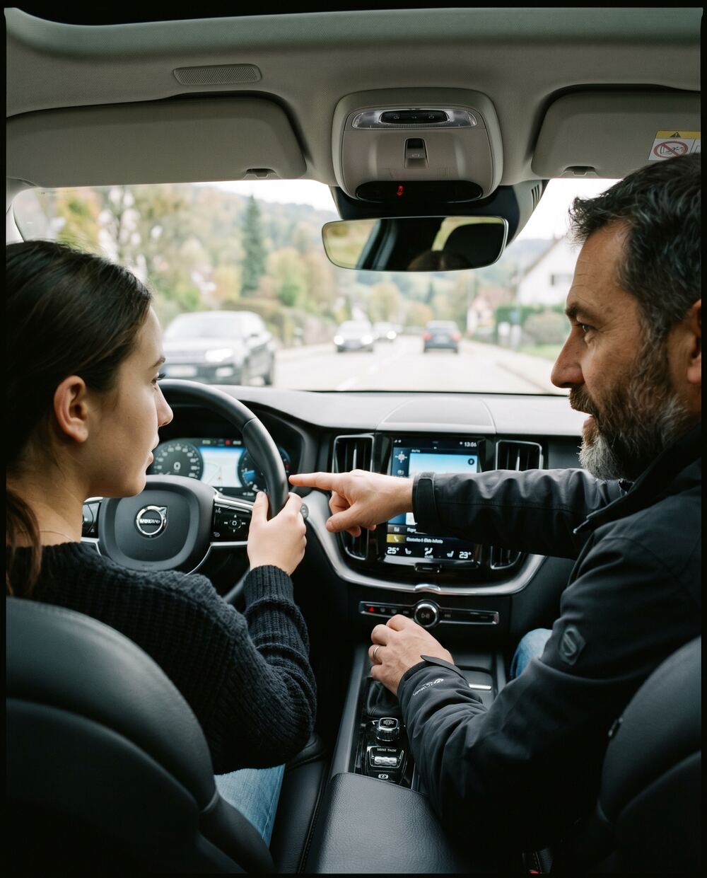 Trafiklärare och elev i bil under teorigenomgång — personlig handledning genom hela kursen